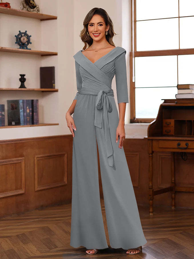 V-Neck Chiffon Jumpsuit with Ruched Detail and 3/4 Sleeves for the Mother-BMbridal