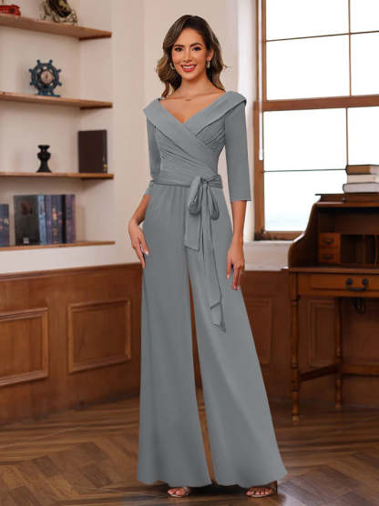 V-Neck Chiffon Jumpsuit with Ruched Detail and 3/4 Sleeves for the Mother-BMbridal