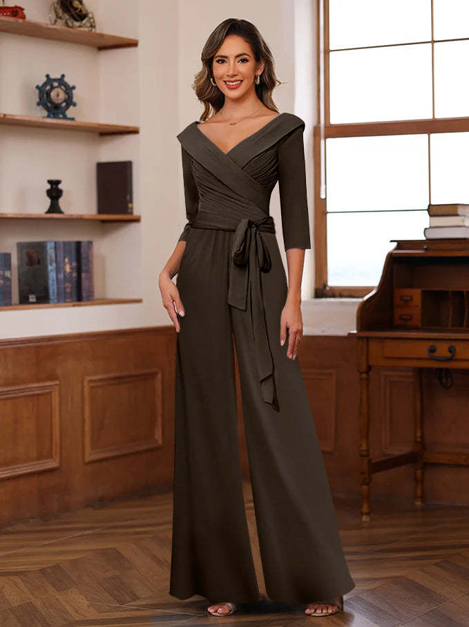 V-Neck Chiffon Jumpsuit with Ruched Detail and 3/4 Sleeves for the Mother-BMbridal