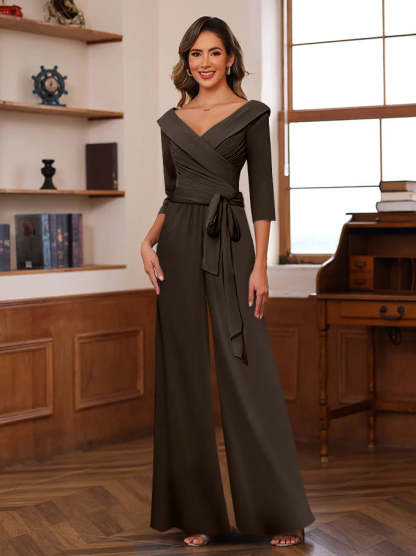 V-Neck Chiffon Jumpsuit with Ruched Detail and 3/4 Sleeves for the Mother-BMbridal