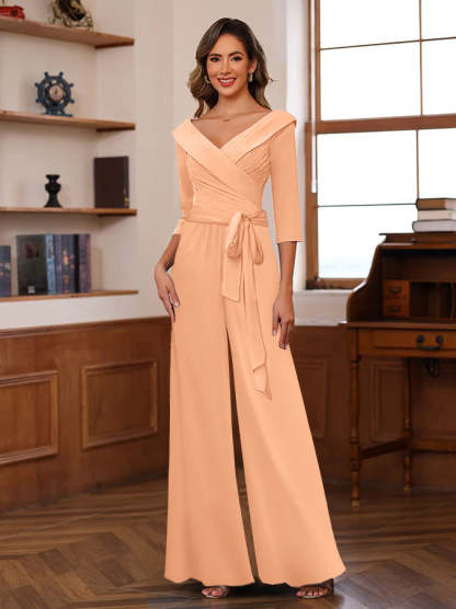 V-Neck Chiffon Jumpsuit with Ruched Detail and 3/4 Sleeves for the Mother-BMbridal