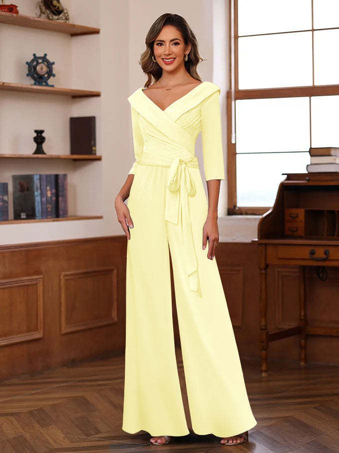 V-Neck Chiffon Jumpsuit with Ruched Detail and 3/4 Sleeves for the Mother-BMbridal