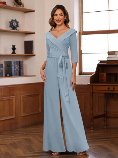 V-Neck Chiffon Jumpsuit with Ruched Detail and 3/4 Sleeves for the Mother-BMbridal