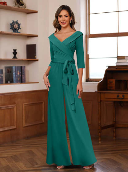 V-Neck Chiffon Jumpsuit with Ruched Detail and 3/4 Sleeves for the Mother-BMbridal