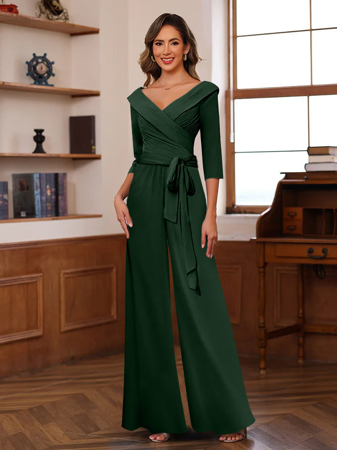 V-Neck Chiffon Jumpsuit with Ruched Detail and 3/4 Sleeves for the Mother-BMbridal