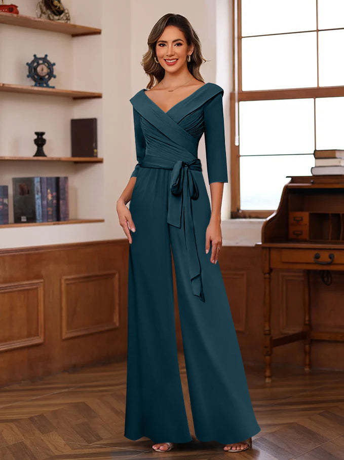 V-Neck Chiffon Jumpsuit with Ruched Detail and 3/4 Sleeves for the Mother-BMbridal