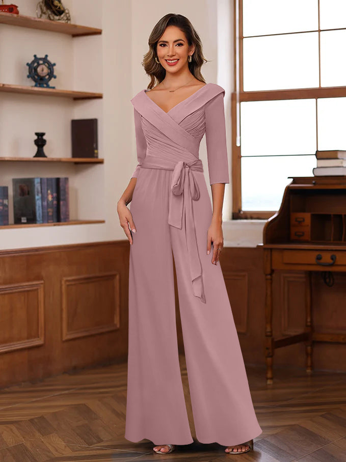 V-Neck Chiffon Jumpsuit with Ruched Detail and 3/4 Sleeves for the Mother-BMbridal
