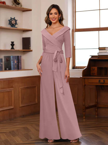 V-Neck Chiffon Jumpsuit with Ruched Detail and 3/4 Sleeves for the Mother-BMbridal