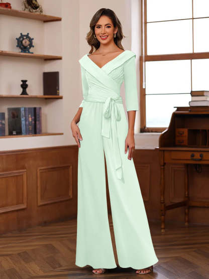 V-Neck Chiffon Jumpsuit with Ruched Detail and 3/4 Sleeves for the Mother-BMbridal