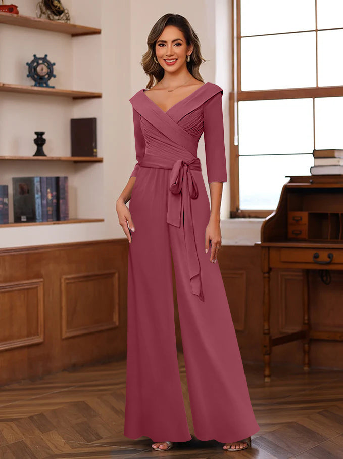 V-Neck Chiffon Jumpsuit with Ruched Detail and 3/4 Sleeves for the Mother-BMbridal