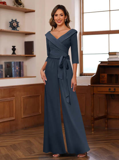 V-Neck Chiffon Jumpsuit with Ruched Detail and 3/4 Sleeves for the Mother-BMbridal