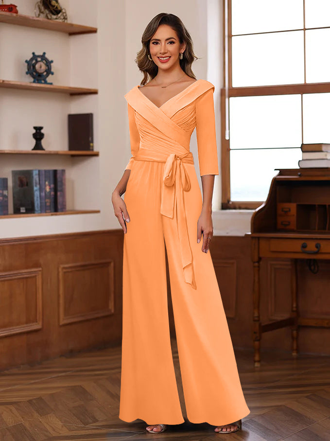 V-Neck Chiffon Jumpsuit with Ruched Detail and 3/4 Sleeves for the Mother-BMbridal