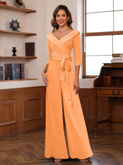 V-Neck Chiffon Jumpsuit with Ruched Detail and 3/4 Sleeves for the Mother-BMbridal