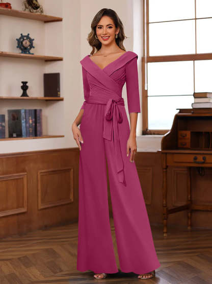 V-Neck Chiffon Jumpsuit with Ruched Detail and 3/4 Sleeves for the Mother-BMbridal