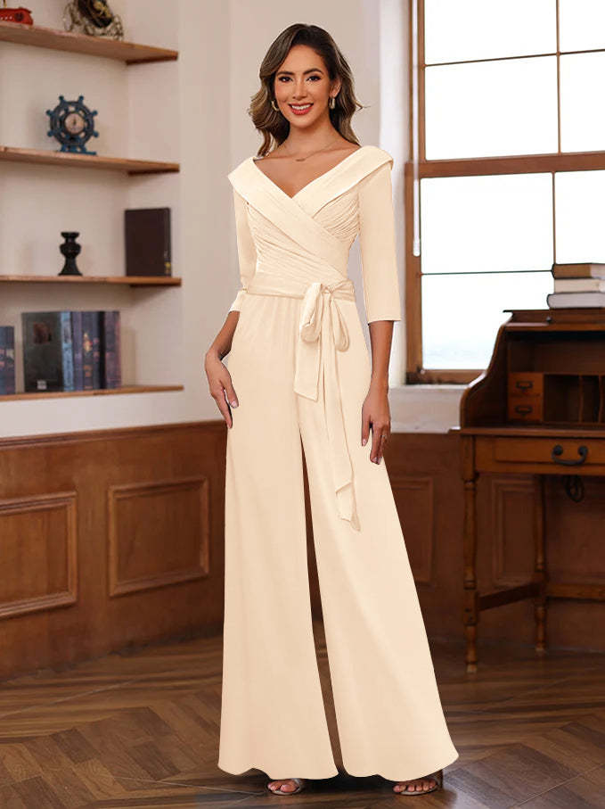 V-Neck Chiffon Jumpsuit with Ruched Detail and 3/4 Sleeves for the Mother-BMbridal