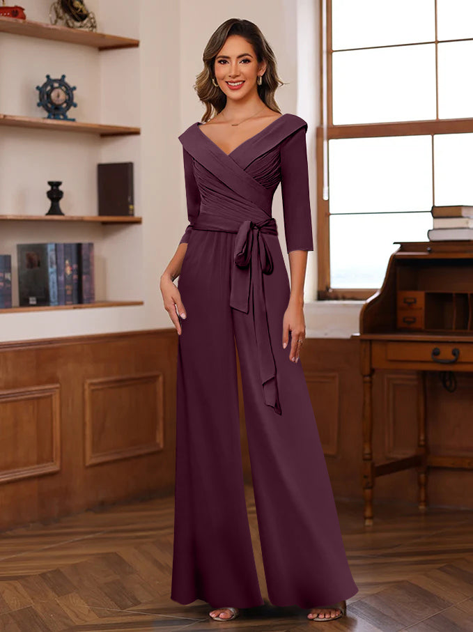 V-Neck Chiffon Jumpsuit with Ruched Detail and 3/4 Sleeves for the Mother-BMbridal