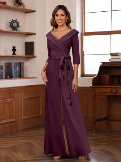 V-Neck Chiffon Jumpsuit with Ruched Detail and 3/4 Sleeves for the Mother-BMbridal