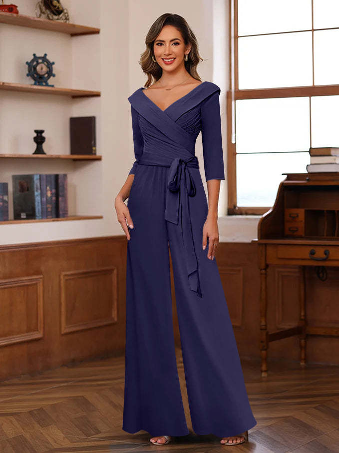 V-Neck Chiffon Jumpsuit with Ruched Detail and 3/4 Sleeves for the Mother-BMbridal