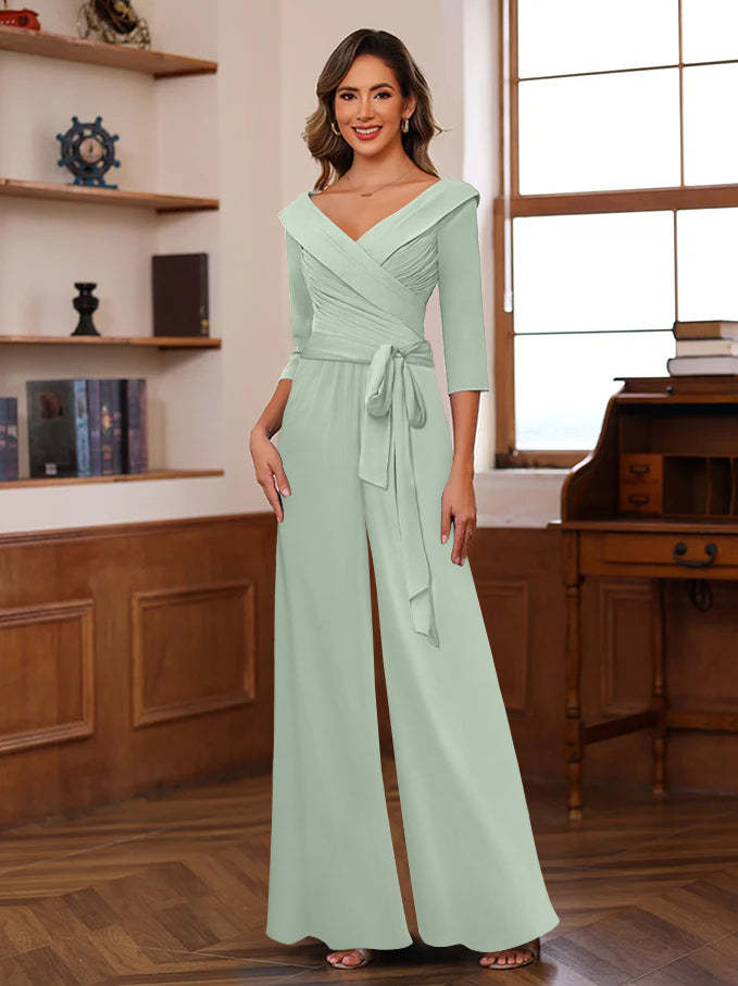 V-Neck Chiffon Jumpsuit with Ruched Detail and 3/4 Sleeves for the Mother-BMbridal