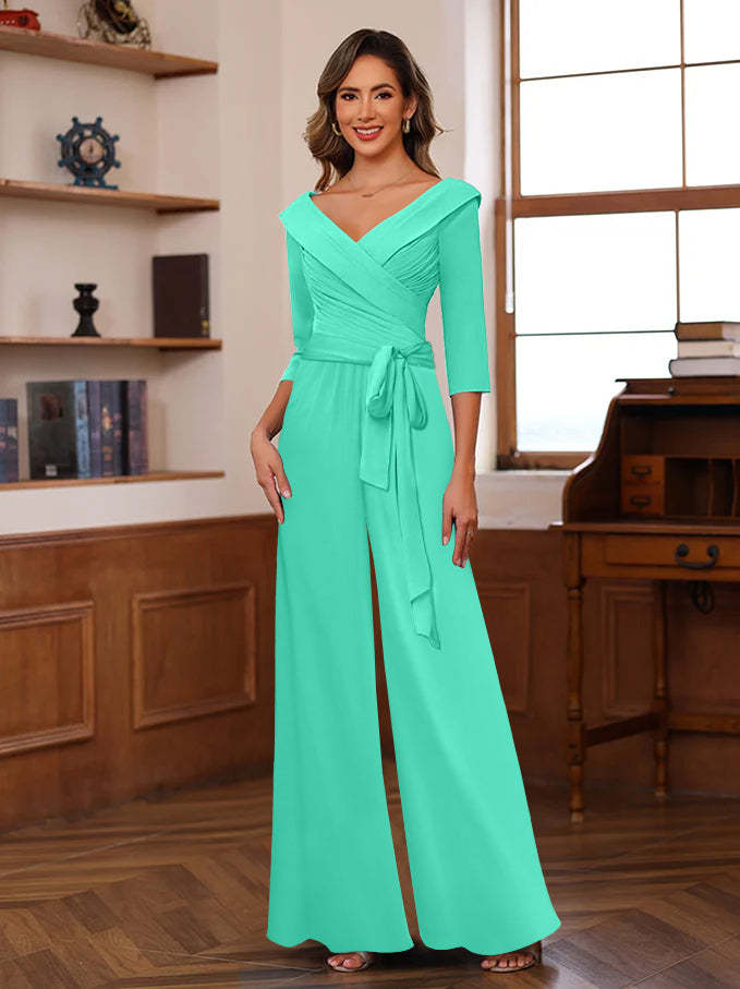 V-Neck Chiffon Jumpsuit with Ruched Detail and 3/4 Sleeves for the Mother-BMbridal