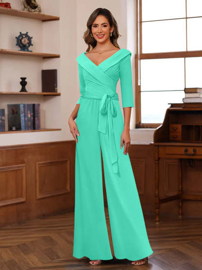 V-Neck Chiffon Jumpsuit with Ruched Detail and 3/4 Sleeves for the Mother-BMbridal