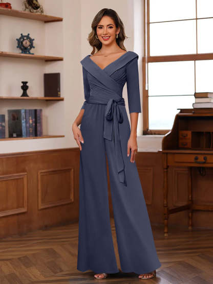 V-Neck Chiffon Jumpsuit with Ruched Detail and 3/4 Sleeves for the Mother-BMbridal