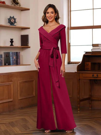 V-Neck Chiffon Jumpsuit with Ruched Detail and 3/4 Sleeves for the Mother-BMbridal