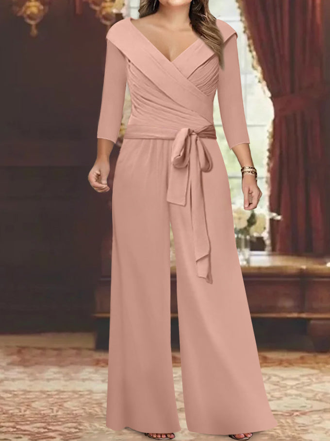 V-Neck Chiffon Jumpsuit with Ruched Detail and 3/4 Sleeves for the Mother-BMbridal