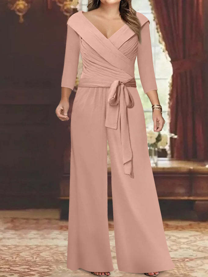 V-Neck Chiffon Jumpsuit with Ruched Detail and 3/4 Sleeves for the Mother-BMbridal