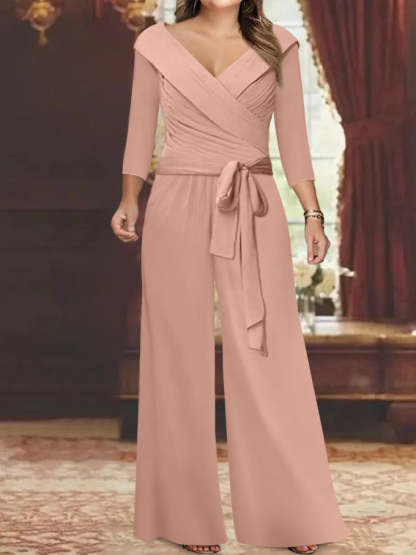 V-Neck Chiffon Jumpsuit with Ruched Detail and 3/4 Sleeves for the Mother-BMbridal