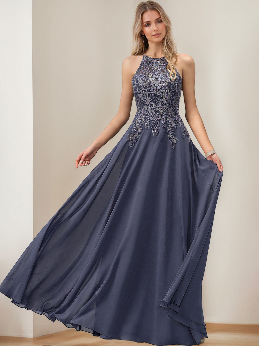 Halter Sleeveless Floor-Length A-Line Princess Mother of the Bride Dresses with Sequins-BMbridal