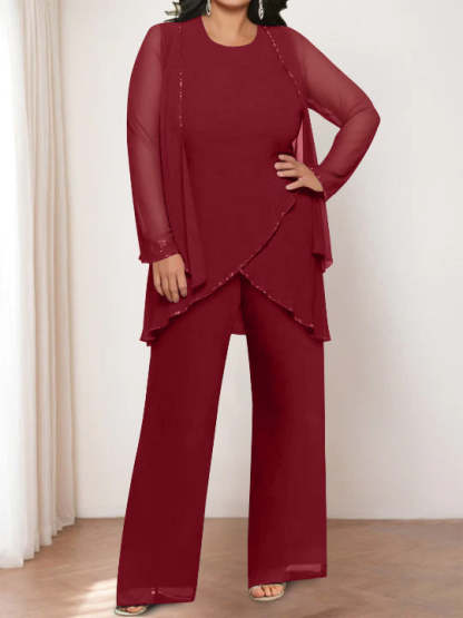 Round Neck Chiffon Pantsuits with Jacket for the Mother of the Bride-BMbridal