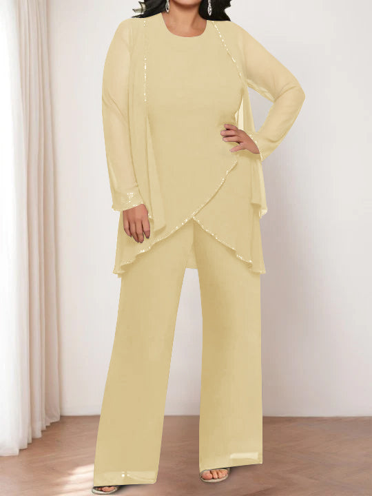 Round Neck Chiffon Pantsuits with Jacket for the Mother of the Bride-BMbridal