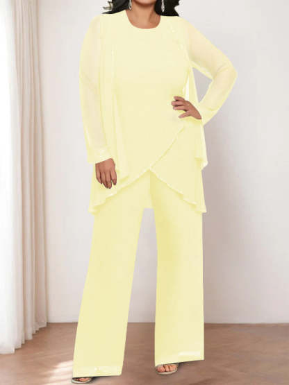 Round Neck Chiffon Pantsuits with Jacket for the Mother of the Bride-BMbridal
