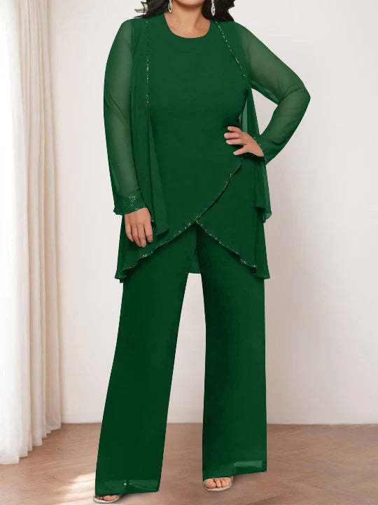 Round Neck Chiffon Pantsuits with Jacket for the Mother of the Bride-BMbridal