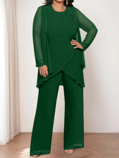 Round Neck Chiffon Pantsuits with Jacket for the Mother of the Bride-BMbridal