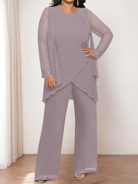 Round Neck Chiffon Pantsuits with Jacket for the Mother of the Bride-BMbridal