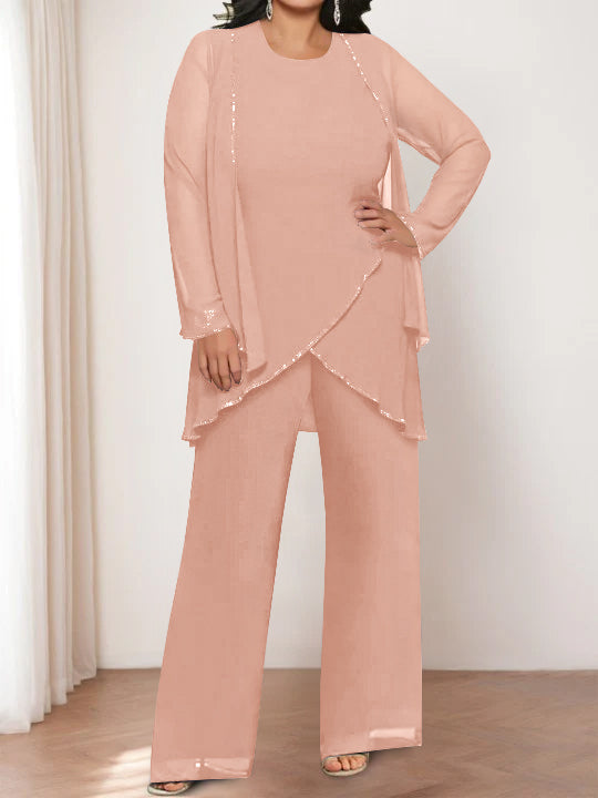 Round Neck Chiffon Pantsuits with Jacket for the Mother of the Bride-BMbridal