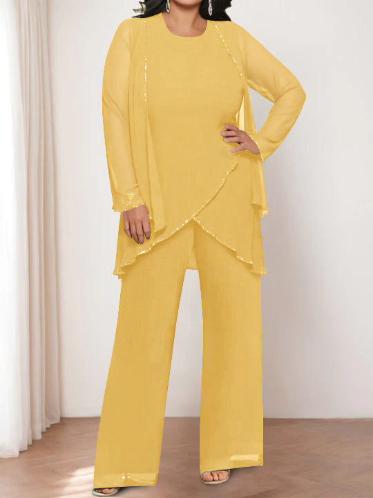 Round Neck Chiffon Pantsuits with Jacket for the Mother of the Bride-BMbridal