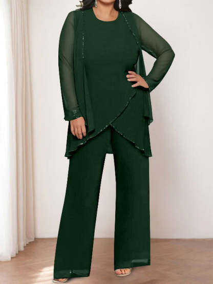 Round Neck Chiffon Pantsuits with Jacket for the Mother of the Bride-BMbridal