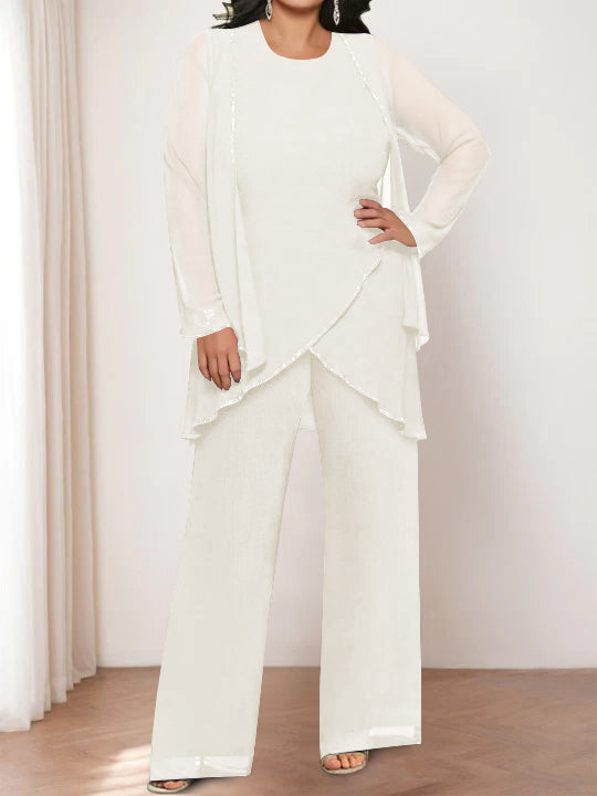 Round Neck Chiffon Pantsuits with Jacket for the Mother of the Bride-BMbridal
