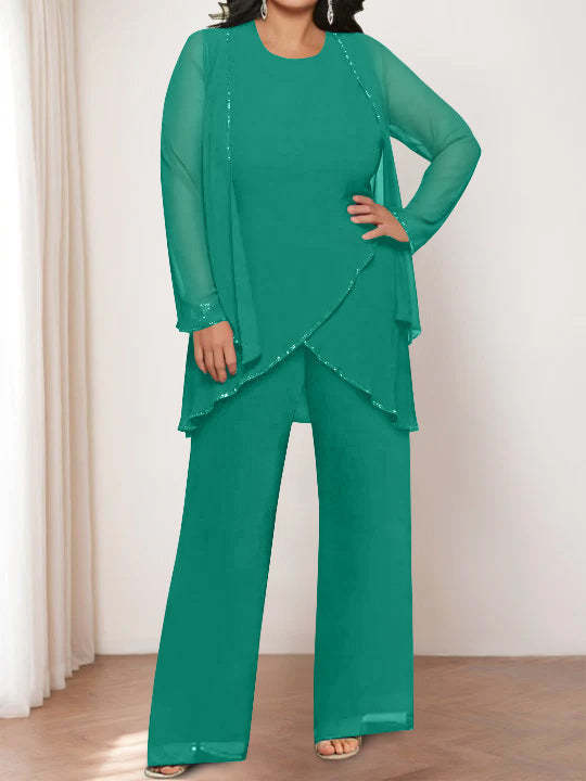 Round Neck Chiffon Pantsuits with Jacket for the Mother of the Bride-BMbridal