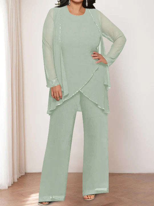 Round Neck Chiffon Pantsuits with Jacket for the Mother of the Bride-BMbridal