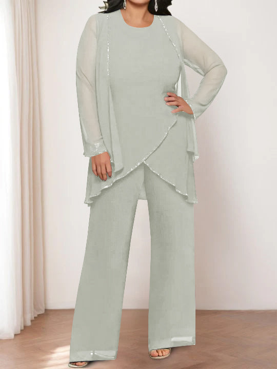 Round Neck Chiffon Pantsuits with Jacket for the Mother of the Bride-BMbridal