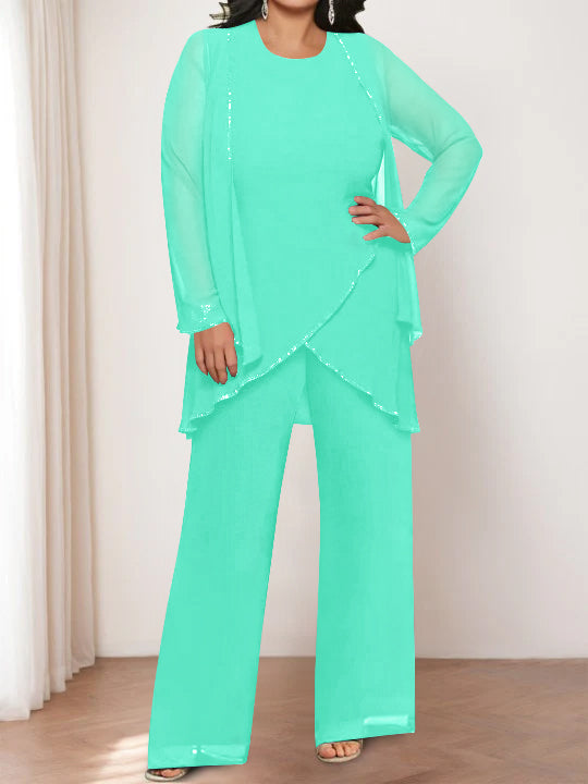 Round Neck Chiffon Pantsuits with Jacket for the Mother of the Bride-BMbridal