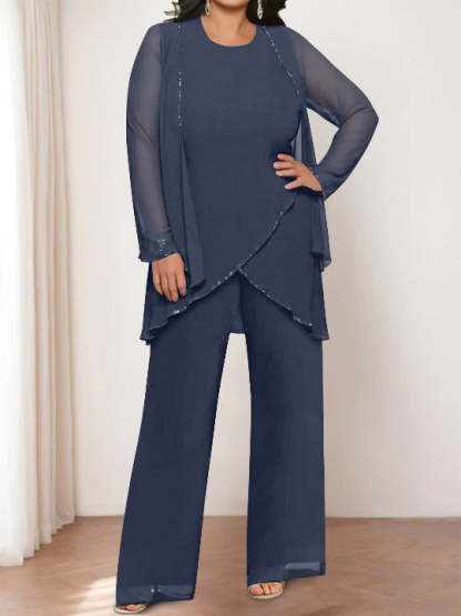 Round Neck Chiffon Pantsuits with Jacket for the Mother of the Bride-BMbridal