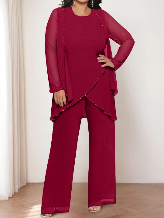 Round Neck Chiffon Pantsuits with Jacket for the Mother of the Bride-BMbridal