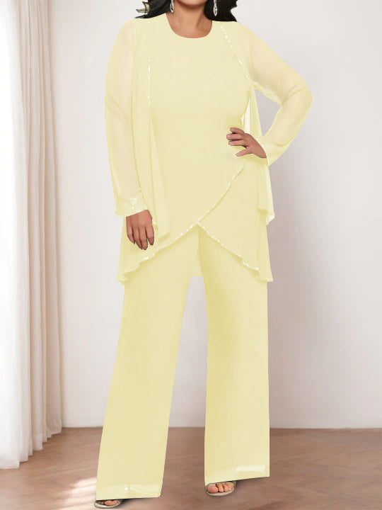 Round Neck Chiffon Pantsuits with Jacket for the Mother of the Bride-BMbridal