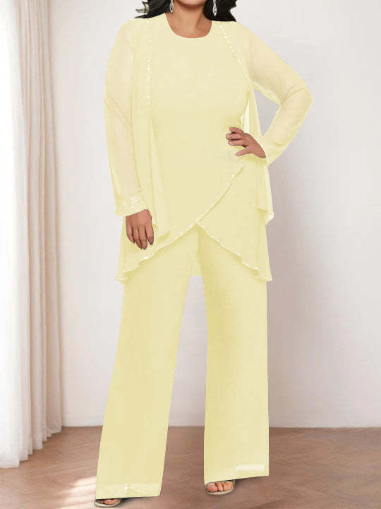 Round Neck Chiffon Pantsuits with Jacket for the Mother of the Bride-BMbridal