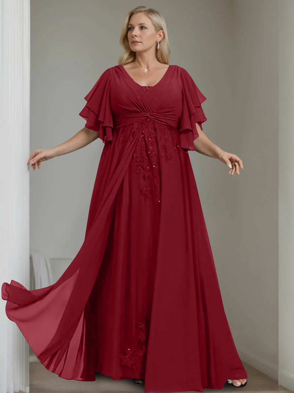 Unique Plus Size V-Neck A-Line Princess Floor-Length Mother of the Bride Dress with Sequins and Half Sleeve Ruffles-BMbridal